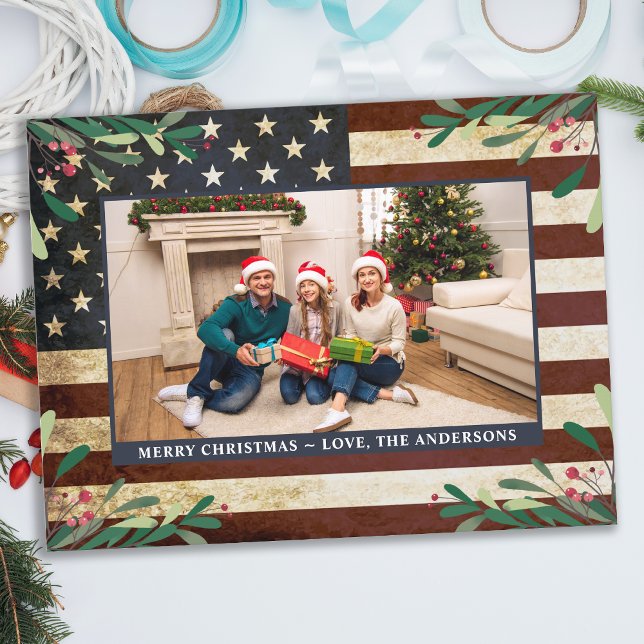 Patriotic Christmas Photo Vintage American Flag Holiday Postcard (Creator Uploaded)