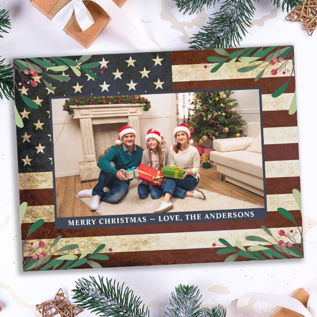 Patriotic Christmas Photo Vintage Military US Flag Postcard (Creator Uploaded)