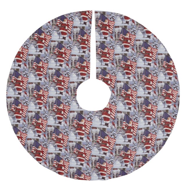 Patriotic Christmas Santa Holding American Flag Brushed Polyester Tree Skirt (Front)