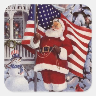 Patriotic Christmas Santa Holding American Flag Square Sticker