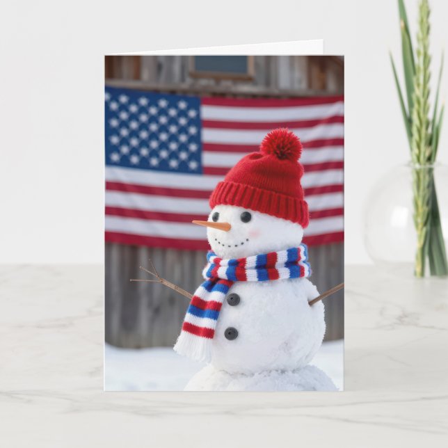 Patriotic Christmas Snowman With American Flag Card (Front)