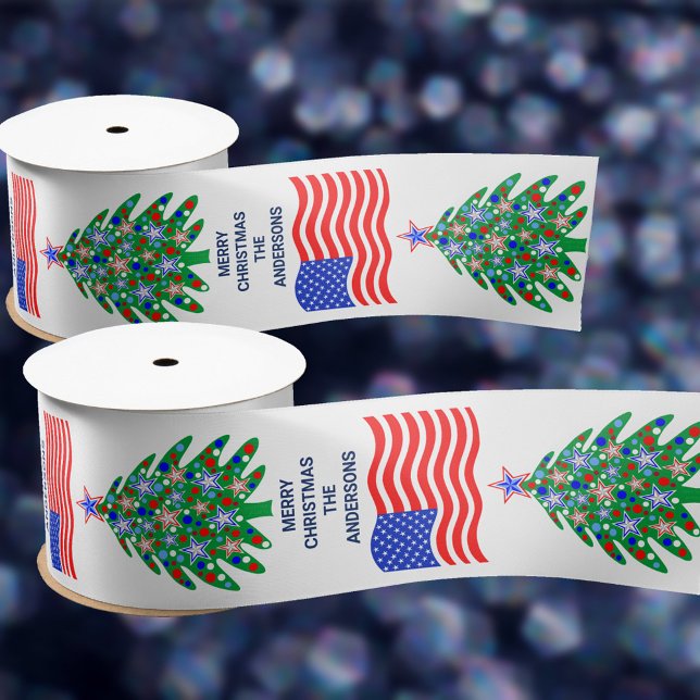 Patriotic Christmas Tree Cool USA Flag Holiday Satin Ribbon (Personalized patriotic ribbon for your patriotic Christmas gifts)