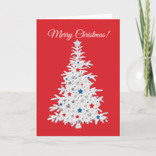 Patriotic Christmas Tree on red with snowflakes Holiday Card