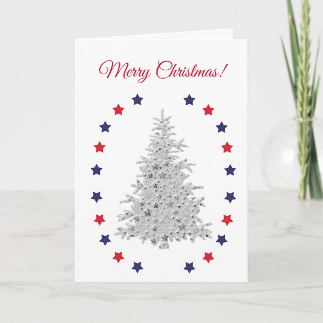 Patriotic Christmas Tree on white Holiday Card (Front)