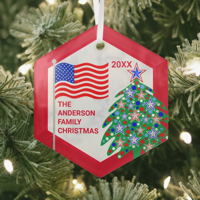Patriotic Christmas Tree  Red Text Cool USA Flag Glass Tree Decoration (Insitu)