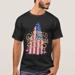 Patriotic Christmas Tree Us Flag Retro Merry Chris T-Shirt