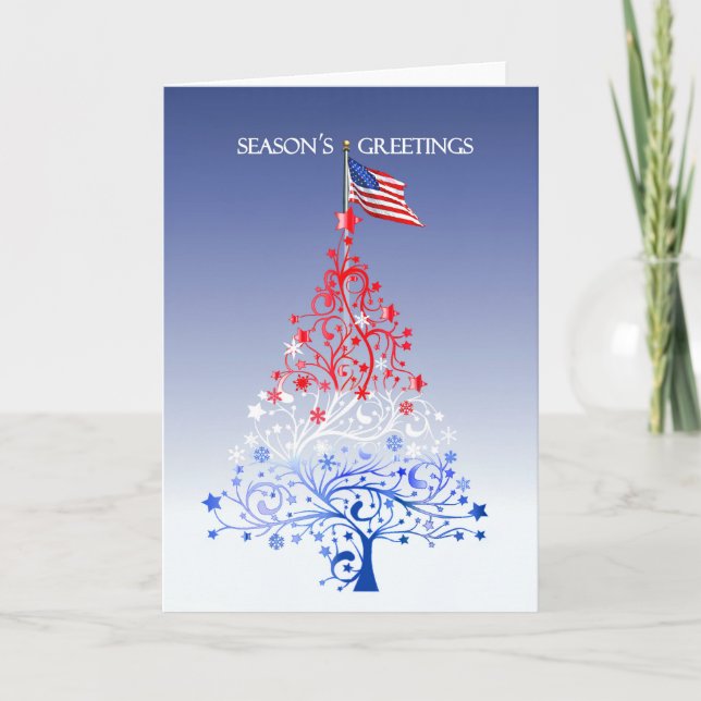 Patriotic Christmas Tree with American Flag Holiday Card (Front)