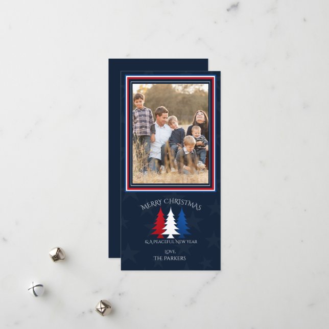 Patriotic Christmas Trees Navy Blue Photo Holiday  (Front/Back In Situ)
