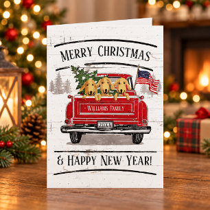 Patriotic Christmas Vintage Red Truck Flag Dogs Holiday Card