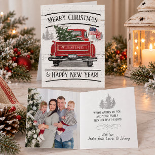 Patriotic Christmas Vintage Red Truck Flag Rustic Holiday Card