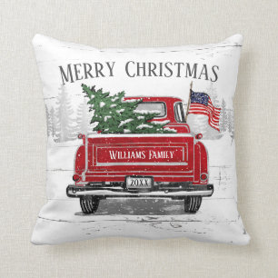 Patriotic Christmas Vintage Red Truck Name Rustic Cushion