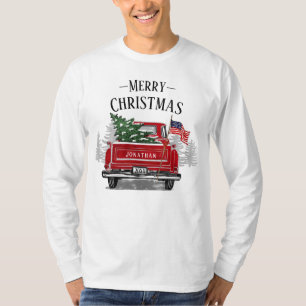 Patriotic Christmas Vintage Red Truck USA Flag T-Shirt