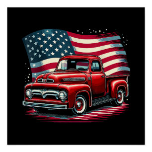 Patriotic Classic Old Pickup Truck USA Flag 4th Of Poster