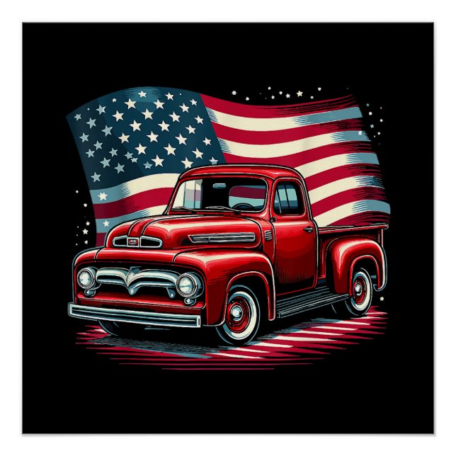 Patriotic Classic Old Pickup Truck USA Flag 4th Of Poster (Front)