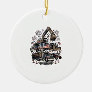 Patriotic Construction Vehicles Vintage Shirt Desi Ceramic Tree Decoration