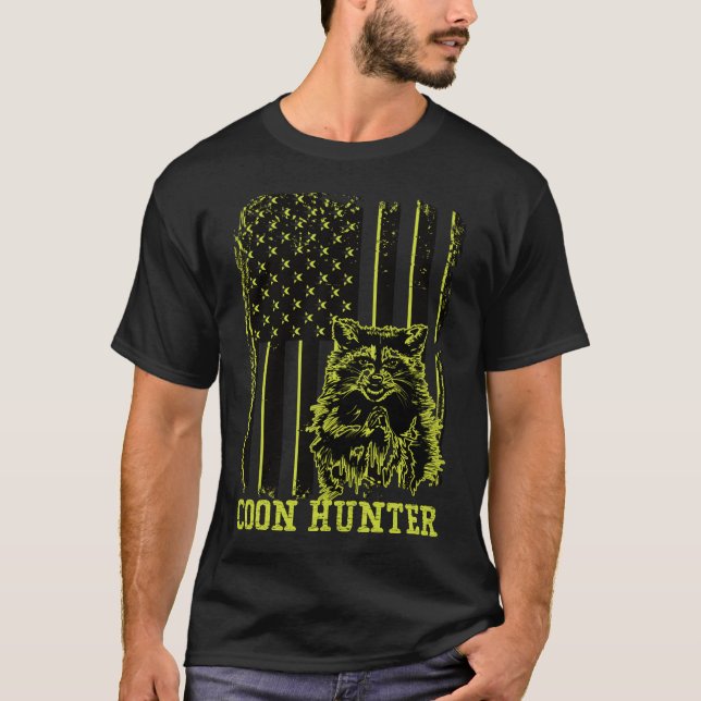 Patriotic Coon Hunter Racoon American Flag T-Shirt (Front)
