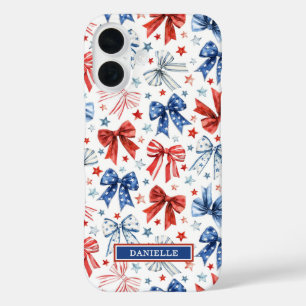 Patriotic Coquette Bows Monogrammed iPhone 16 Case
