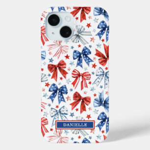 Patriotic Coquette Bows Monogrammed iPhone 15 Case
