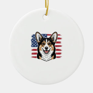 Patriotic Corgi American Flag Vintage Vector Desig Ceramic Tree Decoration