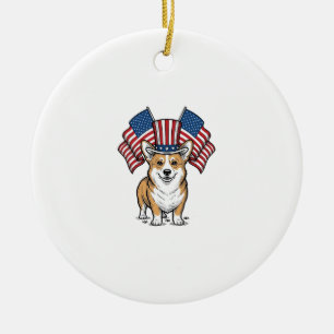 Patriotic Corgi Dog Vintage Engraving Shirt Design Ceramic Tree Decoration