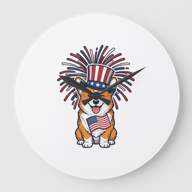 Patriotic Corgi Fireworks Dog Vector Design_1 Large Clock (Front)