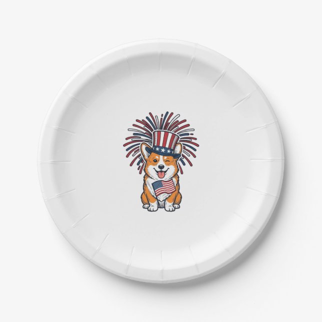Patriotic Corgi Fireworks Dog Vector Design_1 Paper Plate (Front)