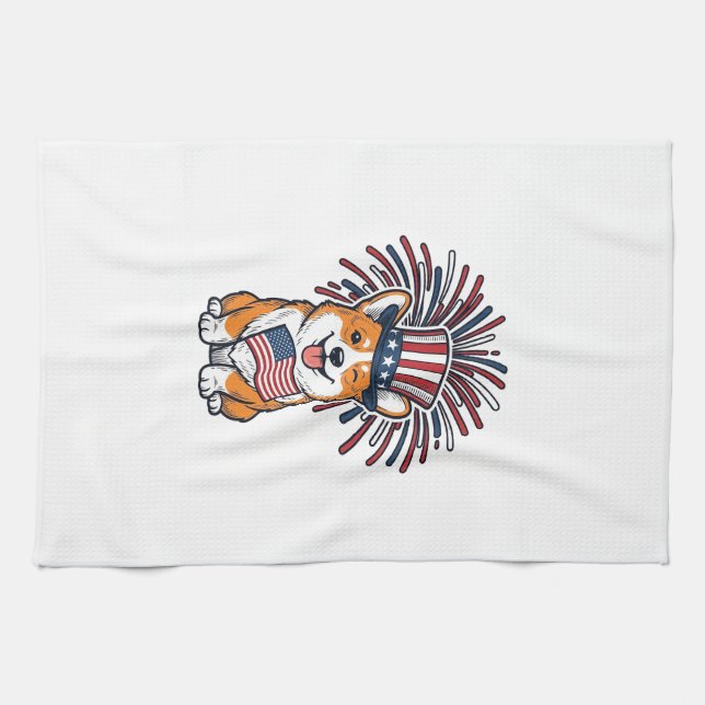 Patriotic Corgi Fireworks Dog Vector Design_1 Tea Towel (Horizontal)