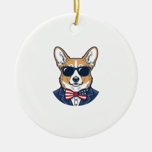 Patriotic Corgi Sunglasses Vintage Vector Art_1 Ceramic Tree Decoration