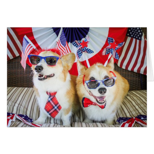 Patriotic Corgis July 4th card (Front Horizontal)