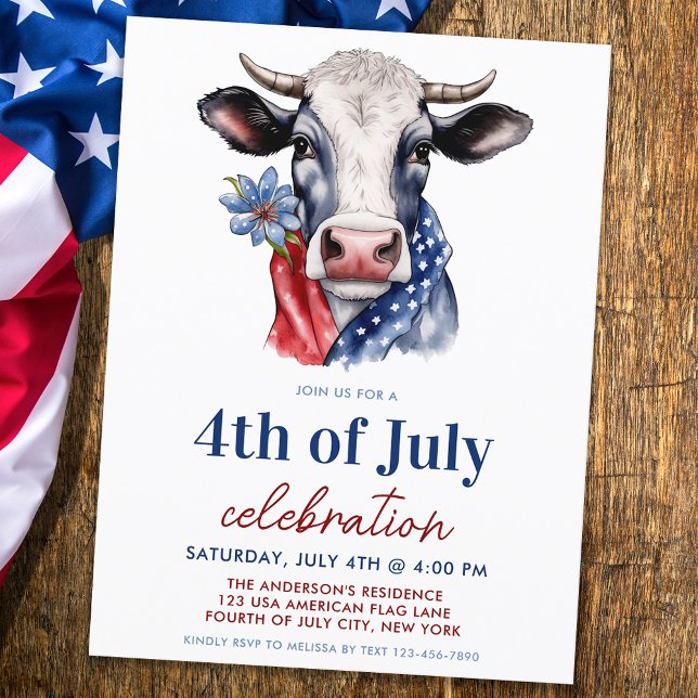 Patriotic Cow 4th Of July Red White & Blue Party Invitation Postcard (Creator Uploaded)