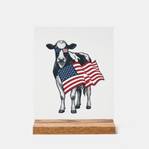 Patriotic Cow American Flag Vintage Engraving Desi Acrylic Sign
