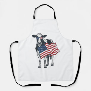 Patriotic Cow American Flag Vintage Engraving Desi Apron