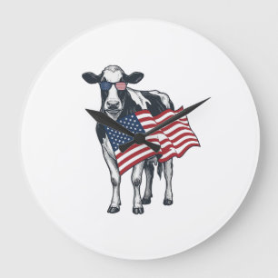 Patriotic Cow American Flag Vintage Engraving Desi Large Clock