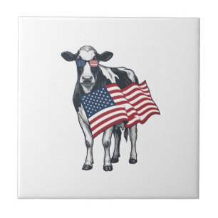 Patriotic Cow American Flag Vintage Engraving Desi Tile
