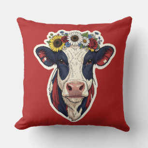Patriotic Cow Floral Crown 4th of July Cushion