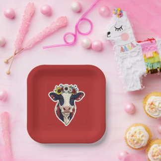Patriotic Cow Floral Crown 4th of July Paper Plate