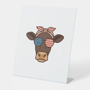 Patriotic Cow Head Sunglasses Vintage Design_1 Pedestal Sign