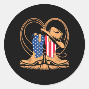 Patriotic Cowboy Boots Heart USA Flag Western Classic Round Sticker