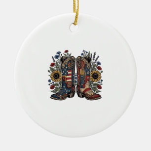 Patriotic Cowboy Boots Sunflower Floral Shirt Desi Ceramic Tree Decoration
