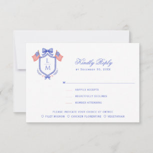 Patriotic Crest with Flags  Monogram Wedding RSVP Card