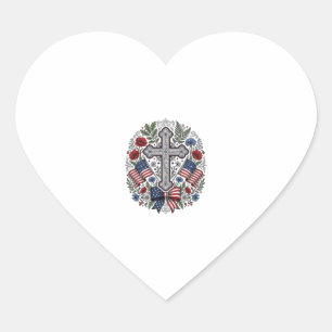 Patriotic Cross Floral Flag Vintage Heart Sticker