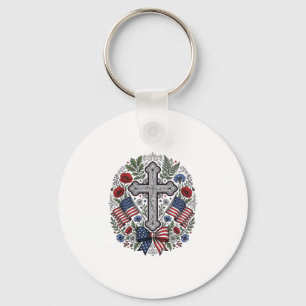Patriotic Cross Floral Flag Vintage Key Ring