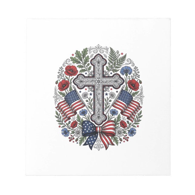 Patriotic Cross Floral Flag Vintage Notepad (Front)