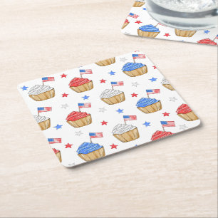 Patriotic Cupcake American Flag Stars Square Paper Coaster