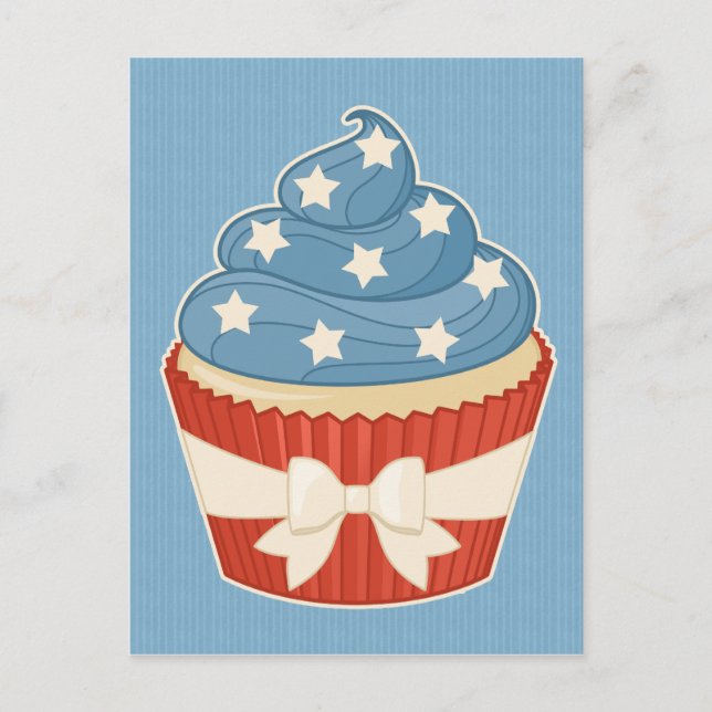 Patriotic Cupcake on Blue Stripes Postcard (Front)
