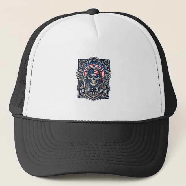 Patriotic Cyber Liberty Skull Cyberpunk Future Fre Trucker Hat (Front)