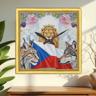 Patriotic Czech Lion, Lynx, Wolf Art Nouveau Square Wall Clock
