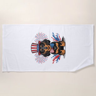 Patriotic Dachshund Fireworks Vintage Vector Art_1 Beach Towel
