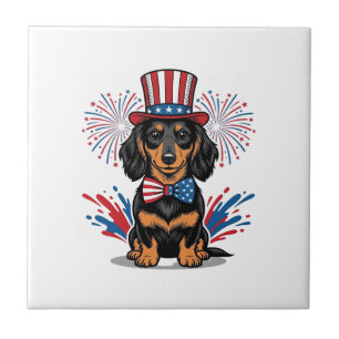 Patriotic Dachshund Fireworks Vintage Vector Art_1 Tile