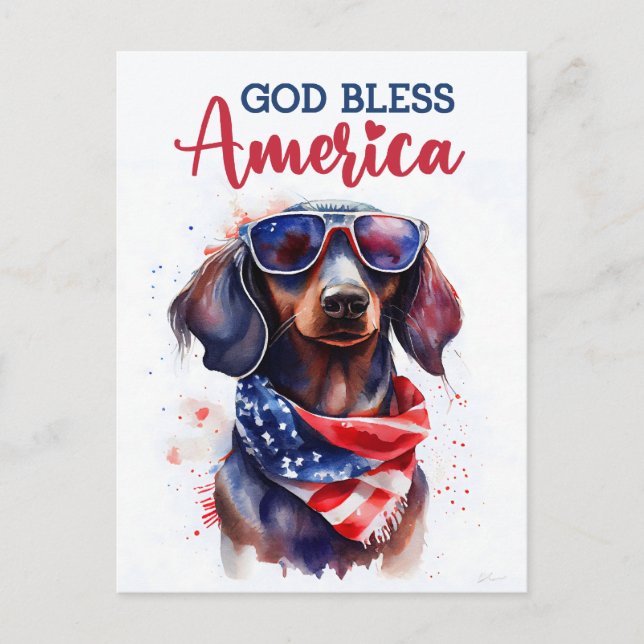 Patriotic Dachshund, God Bless America Postcard (Front)